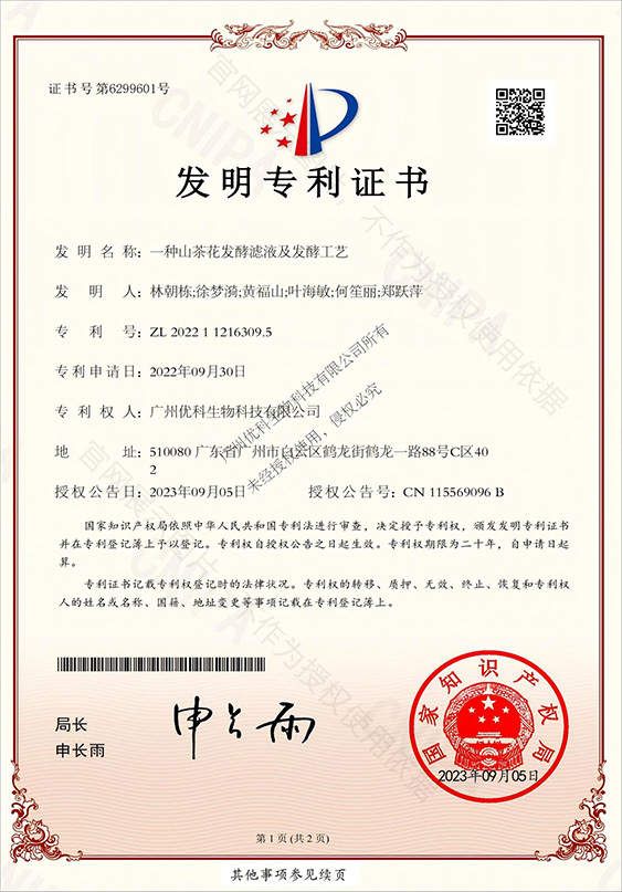 发明专利+一种山茶花发酵滤液及发酵工艺+ZL202211216309.5